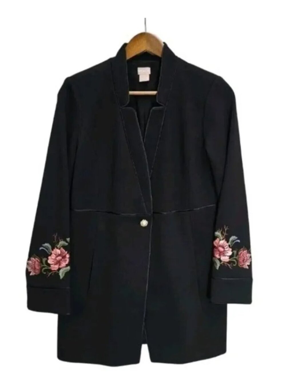 Black rose embroidered long jacket Chicos Size 2/      or 12/14